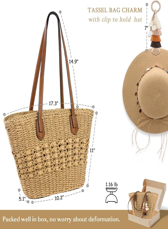 RUNROLE Straw Purse with Tassel Hat Clip, Beach Bag for Women, Handmade Large Woven Purse, Summer Raffia Tote Shoulder Bag - Image 3